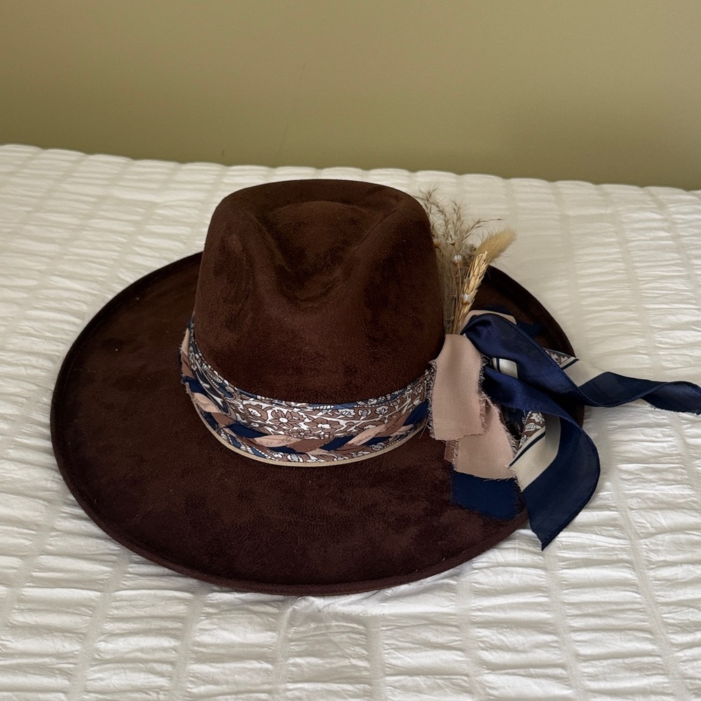 Brown Wide-Brim Hat with Feather and Ribbon